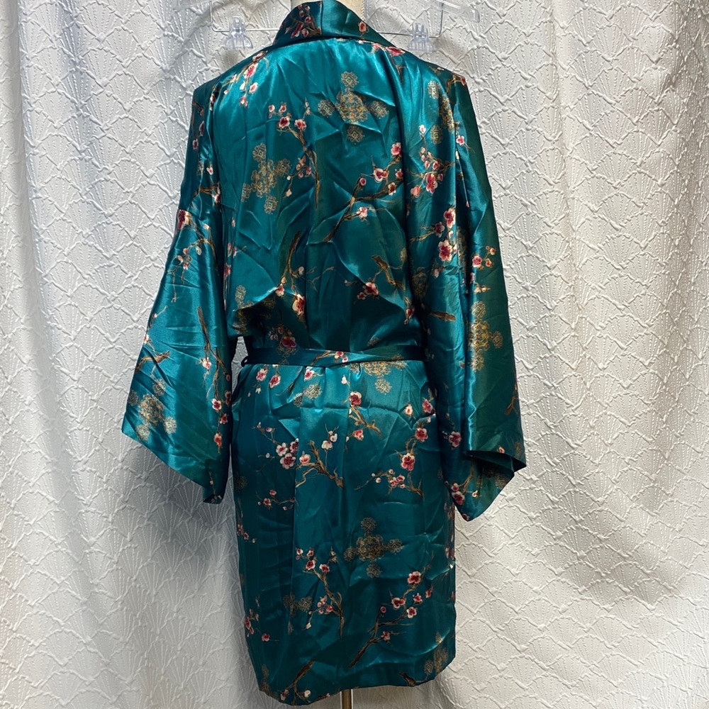 California Dynasty size large Floral Satin Kimono Robe‎ set - Teal oriental sexy - Picture 6 of 16